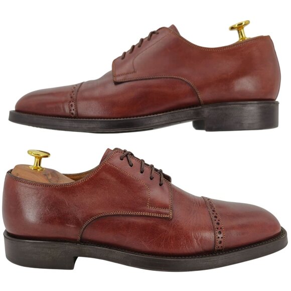 Santoni Italy Brown Leather Dress Shoes Men size 9 Classic Cap-toe Derby Oxfords - Picture 4 of 9